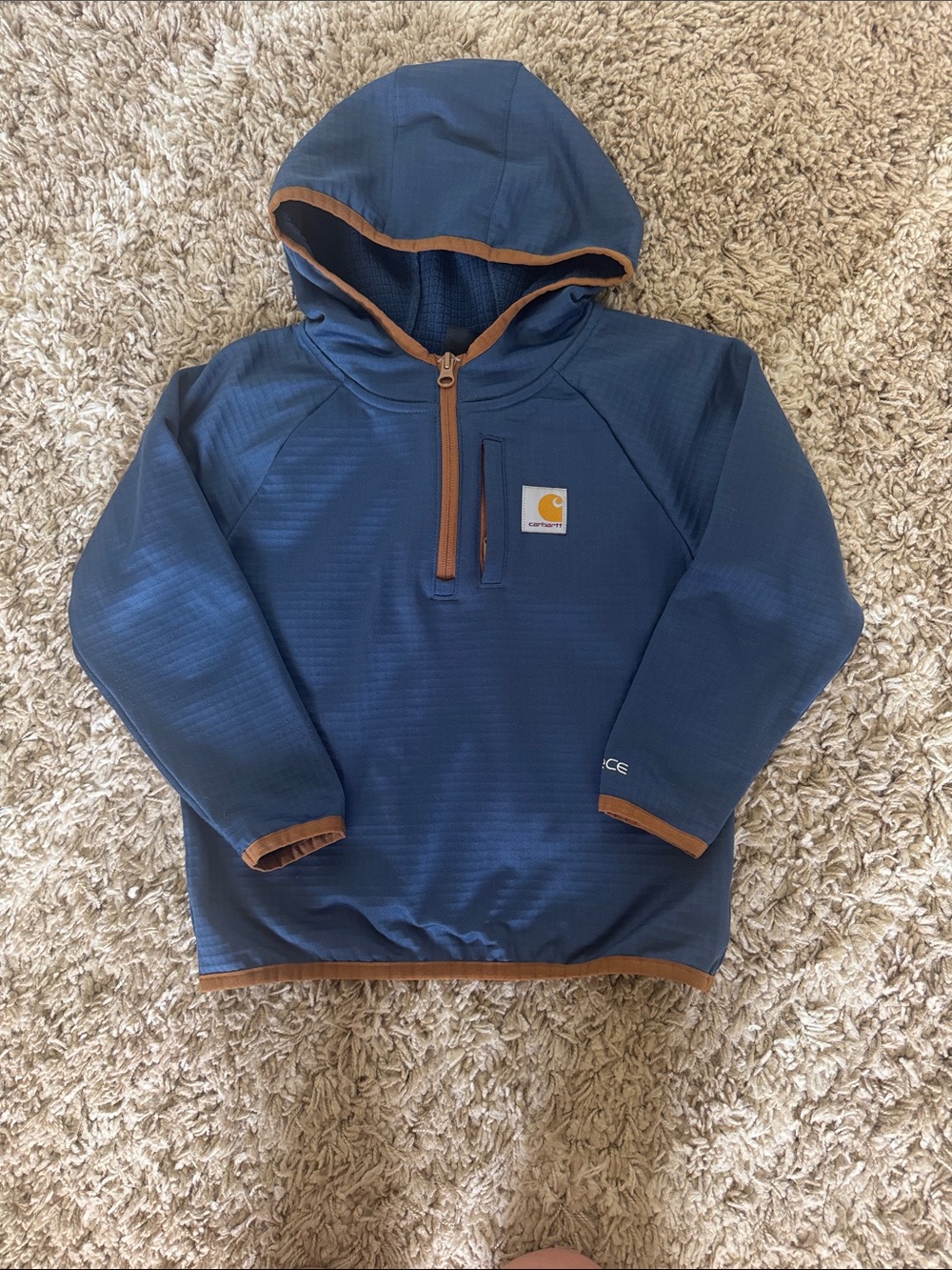 Carhartt Blue Hooded Pullover with Brown Trim